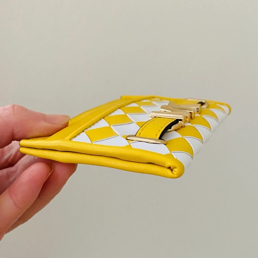 $258 NWOT Michael Kors Reed Yellow White Woven Leather Card Holder Mini Wallet